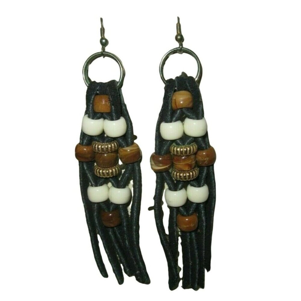 Handmade Handcrafted Ethnic BOHO Black Leather Suede Festival 4" Beaded Earrings
